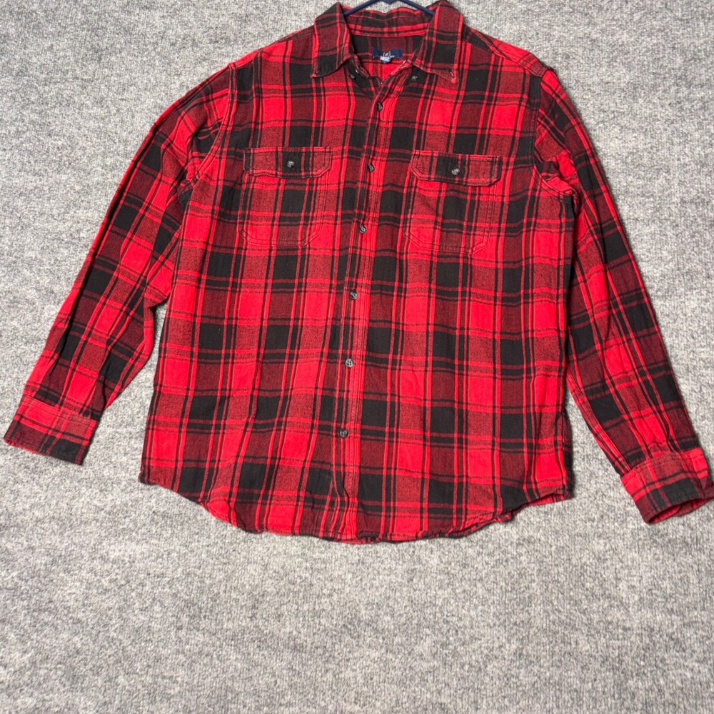 George Flannel Shirt Men's L Red Black Plaid Cotton Button Down Long Sleeve